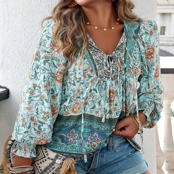 Blue Boho Women's Plus-Size Floral Tie-Neck Lantern Sleeve Blouse